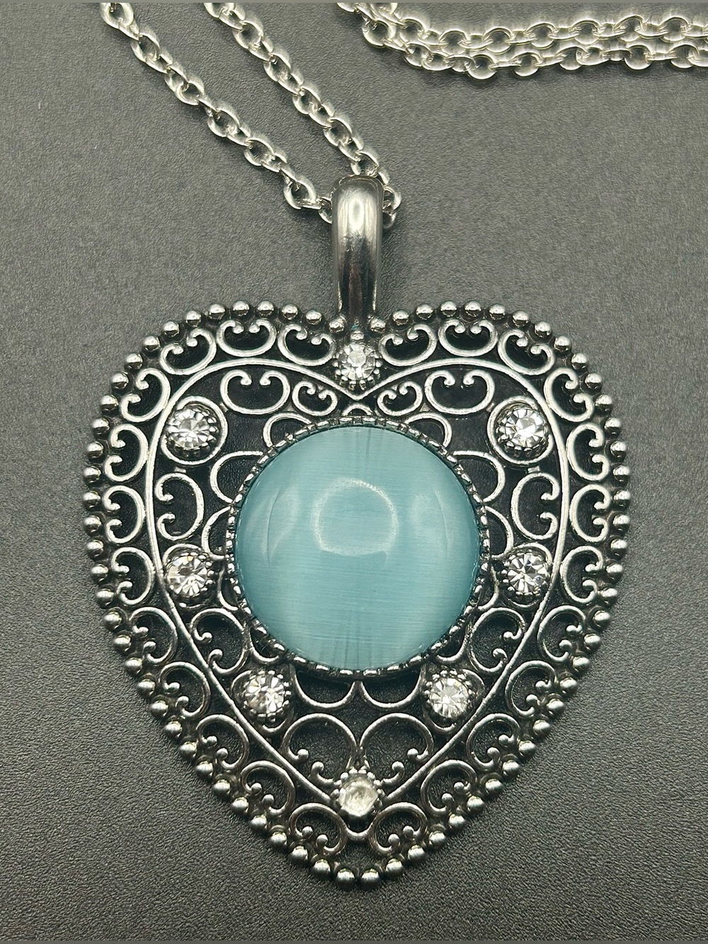 Filigree Heart Pendant Necklace with Light Blue Cabochon, Long Silver Tone Chain